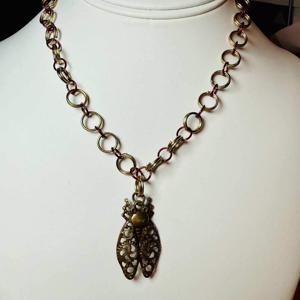 Steampunk Style Fly Pendant Brass and Red Toned Necklace on Jump Ring Chain